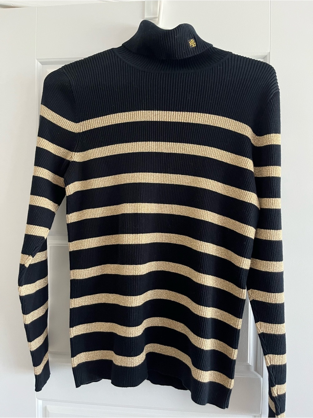 Ralph Lauren Black Turtleneck Sweater with Gold Metallic Stripes